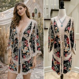 Floral Kimono with Crochet Accents